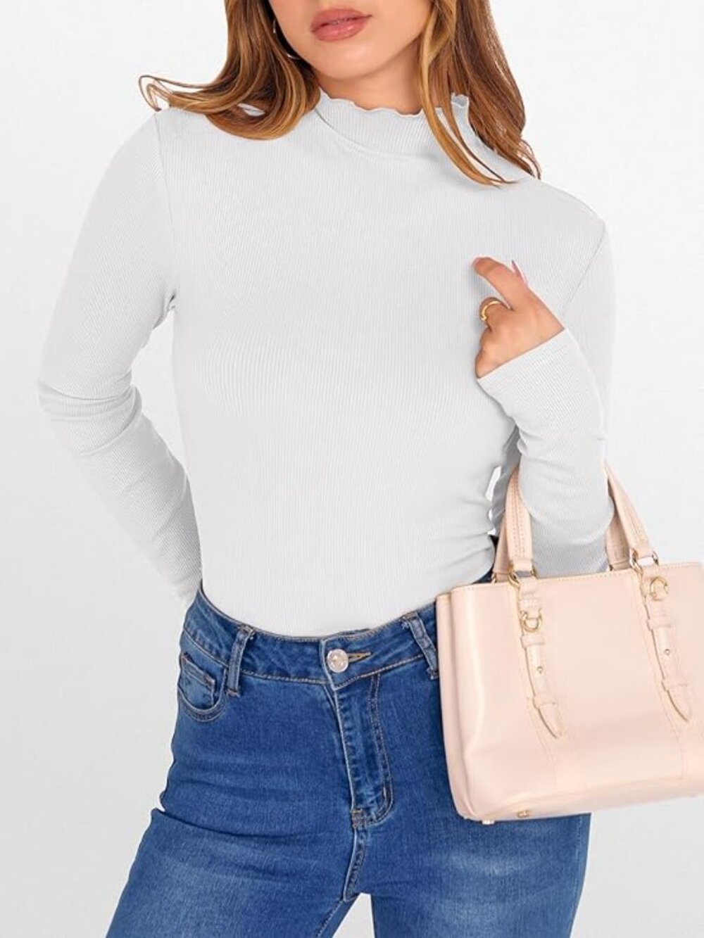 White Lettuce Trim Mock Neck Long Sleeve Shirt